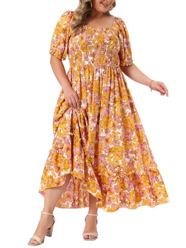 Image of Agnes Orinda Plus Size Dress for Women Short Sleeve Shirred Square Neck Floral Maxi Long Dresses