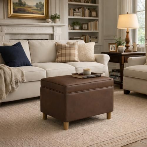 Image of HomePop 24 inch Dinah Collection Storage Ottoman - Brown Faux Leather