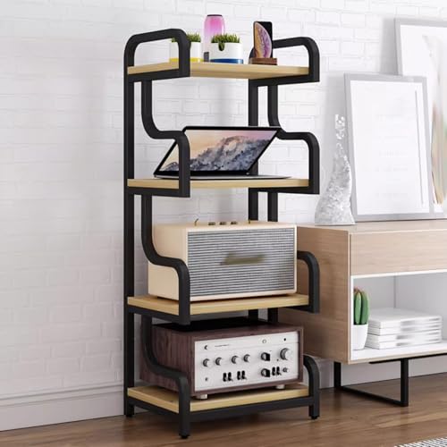 Support pour tourne-disque HiFi noir et meuble de rangement audio en bois clair pour salon