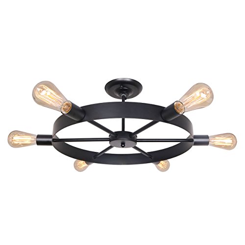 Unitary Brand Antique Black Metal Farmhouse Bedroom Semi Flush Mount Ceiling Light Fixture with 6 E26 Bulb Sockets, Hallway Light Fixtures Ceiling Mount, Industrial Close to Ceiling Light Fixtures