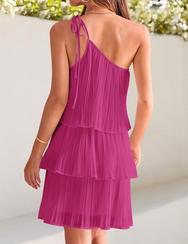 Image of ZESICA Women's Boho Summer One Shoulder Sleeveless Ruffle Tiered Layered Chiffon Pleated A Line Flowy Mini Dress