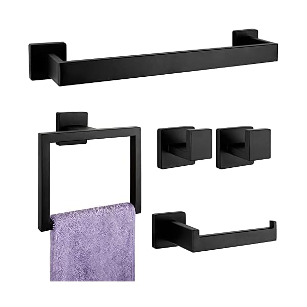 5-Pieces Matte Black Bathroom Hardware Accessories Set, SUS304 Stainless Steel Bath Towel Bar Set, Towel Racks for Bathroom Wall Mounted.