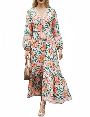 Image of Sunny Spirit Womens Maxi Boho Dresses Floral Print Summer V Neck 2025 Flowy Tassel Long Casual Dress with Long Puff Sleeves