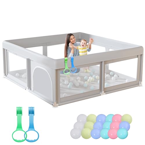 Image of Hiaksedt 50 x 50 inch Baby Playpen with Ocean Balls and Pull Rings, Playpen for Babies and Toddlers, Baby Fence Playards, Safe Structure and Soft, Skin-Friendly Fabric with Zipper Gates.