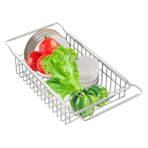 Estante de secado para fregadero, estante de drenaje de cocina, cesta inferior, estante de acero inoxidable, estante telescópico para fregadero, cuenco de drenaje, palillos, trapos, utensilios