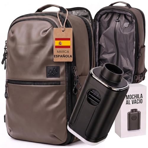 Nothern Peaks Mochila al Vacio – Mochilas de Viaje para Avion con Apertura Tipo Maleta, Compresión al Vacío, Puerto USB, Candado TSA y Diseño Compatible con Cabina (Marrón)