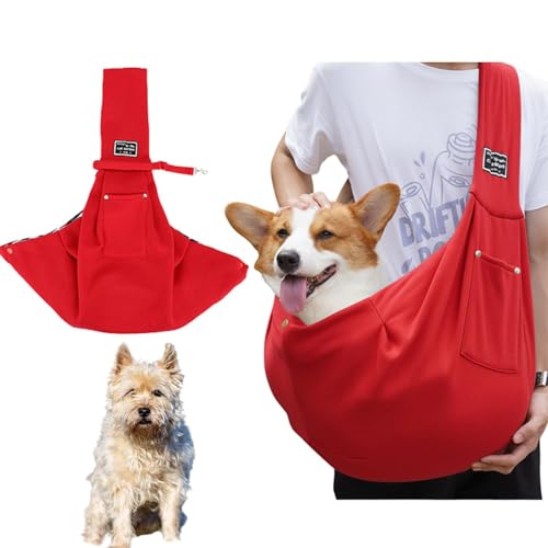 Lifetips ケアーンテリア(Cairn Terrier) ペットスリング 犬猫兼用 ショルダーキャリー 軽量 通気 洗える 調節可能 クッション付き 収納ポケット 斜め掛け アウトドア 11色展開 小型犬 中型犬 ペット用キャリーバッグ (レッド)