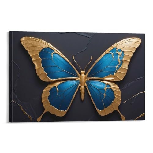 Tableau sur toile papillon or et bleu éclatant 24x36inch