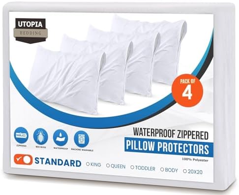 Set of 4 Pillow Protectors with Zipper Standard Size, Bed Bug and Dust Mite Proof Pillow Covers, Ultra Soft Pillow Encasements, Moisture Wicking and Waterproof Pillow Cases by Utopia Bedding (White) — view 6