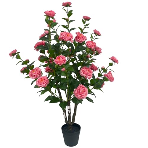 40" Artificial Camellia Tree with Vibrant Pink Flowers & Lush Green Foliage – Faux Plant for Indoor, Outdoor, Home & Garden Décor, Front Door Accent