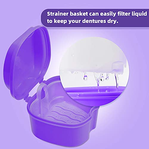 Denture Soaking Cup Dental Retainer Case Cleaning With Strainer Basket, Orthodontic Bath Box Mouthguard Storage Holder - Leak Proof And Lid Waterproof - Purple #TOP6