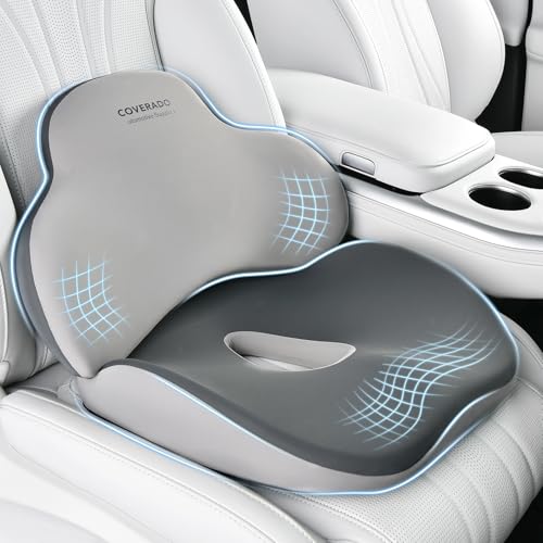 Image of Coverado Car Seat Cushion and Lumbar Support Pillow, Memory Foam Ergonomic Back Support Driving Seat Cushion for Sciatica, Tailbone, Back Pain, Non-Slip Washable Cushion for Car, Driver, Office