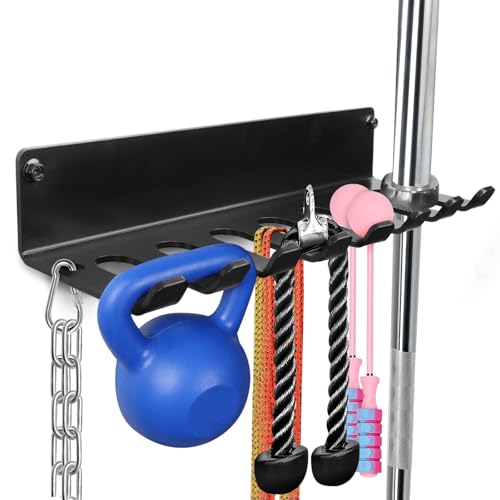 BRTGYM Gym Rack Organizer, Home Gym Accessories Hanger, Wall Mount Hooks for Olympic Barbells, Row Handles, Bats or Tools (E-Book Instruction Included)
