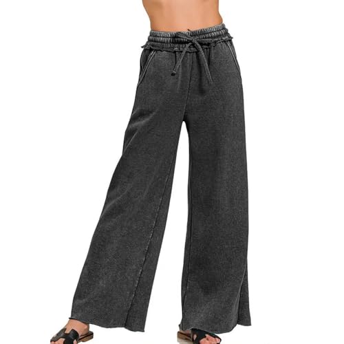 Ainangua Women Acid Wash Palazzo Sweatpants Casual High Waist Drawstring Wide Leg Pants Baggy Fleece Trousers with Pockets3