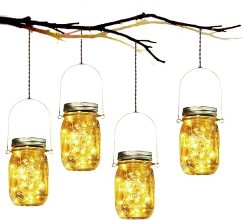 Lumière de Jardin Solaire - 4 Pièces Lanterne de Verre Solaire Imperméable Mason Jar Lanterne...
