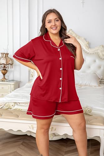Image of Vozanet Women's Plus Size Button Down Pajamas Soft Lounge Sets Shorts with Pockets Bride Nighty Solid Soft Pjs 1x to 5x