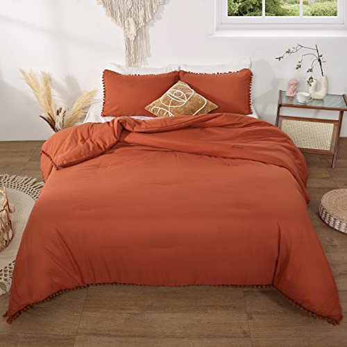Smoofy Pom Fringe Comforter Set Queen Size Burnt Orange Boho Chic Cute Ball Pom Bedding Set Cali Soft Warm Vintage Lightweight Solid Comforter 3 Pieces (1 Pom Comforter, 2 Pillowcases) #TOP4