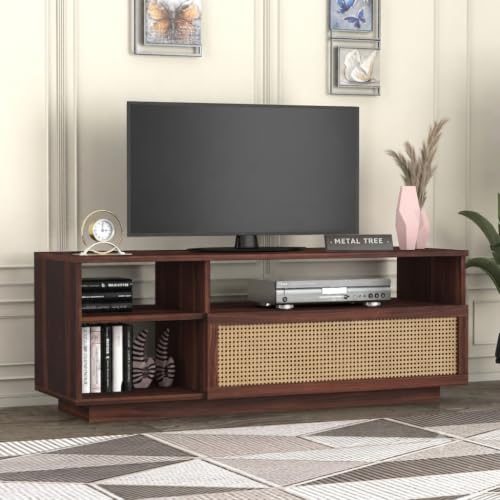 Image of Solid Sheesham Wooden TV Unit for 55 Inch TV, Wooden TV Cabinet for Living Room 55 Inch, TV Stand with Storage, Open Shelves & Drawers, Entertainment Center, Media Console (Kade Walnut)