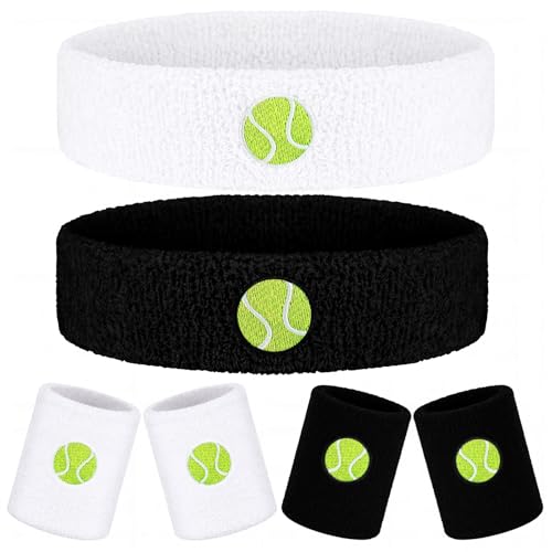 Daifunli 6 Pcs Tennis Sweatband Set Sports Headband Wristband Set 4 Moisture Wicking Athletic Sweatbands and 2 Headbands Wrist Sweatband Terry Cloth Sweat Absorbing Head Band