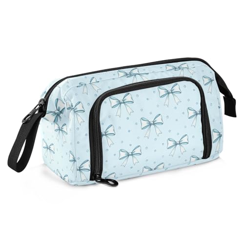 Image of Blue Ribbon Bow Pencil Case Pouch Big Capacity Pencil Bag Box Organizer Pen Case with Handle Stationery Organizer for Kids Boys Girls College