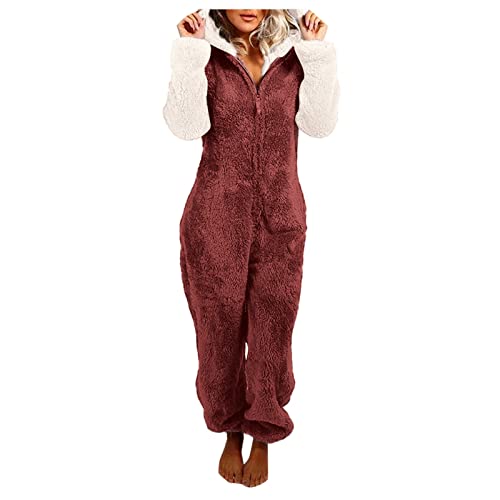 Schlafanzug Damen Damen-Pyjama aus künstlicher Wolle mit langen Ärmeln, lässig, einfarbig, Reißverschluss, locker, mit Kapuze, Overall, Pyjama, lässig, Winter, warm, Rompe, süße Blaue Stoffhose Damen Cover