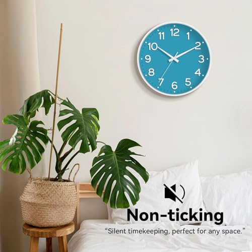 Image of Roymnie Wall Clock 12 Inch Silent Wall Clocks Battery Operated-Modern Non Ticking Analog Clock Decorative for Kitchen Bedroom Office (Blue)