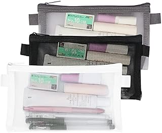 WWW 3 Pcs Pencil Case Set, Clear Durable Pen Carrying Case with Zipper, Nylon Pencil Storage Pouch, Makeup Cosmetic Bag for Women, Portable Office Stationery Pouch for Students Adults Black+Grey+White