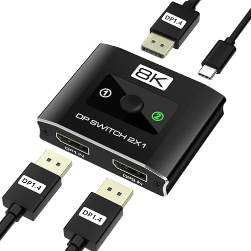DisplayPort Switch 2 in 1 Out, 8K@60Hz DP 1.4 Switcher with DSC Support, 2 Computer One Monitor Switcher, 4K@144Hz Display Port Switch for Laptops, Computers, Desktop (DP Cables Not Included)
