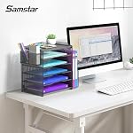 Samstar Mesh Desk Organisateur, Carnet de lettres papier avec 5 Les étagères de rang supérieur,1 Trieur de fichiers vertical supplémentaire et porte-stylos pour fournitures de bureau, noir