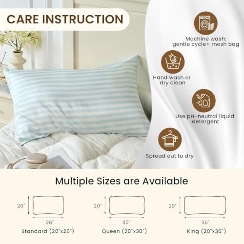 Image of THXSILK Set of 2 Mulberry Silk Pillowcase for Hair and Skin, Cooling Bed Pillow Cover with Hidden Zipper, Soft Smooth Print Silk Pillowcase Gifts for Women Men (Queen 20 inchx30 inch, Blue Stripes)