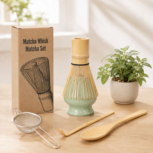 Matcha Whisk Set, 5 Pcs Matcha Kit with Bamboo Chasen Whisk, Ceramic Whisk Holder, Stainless Steel Sifter, Bamboo Scoop and Wooden Spoon, Beginner Matcha Making Set for Matcha Tea Latte at Home