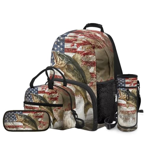 Bass Fishing Backpack 4 Pieces American Flag School Backpack with Lunch Bag Handbag Pencil Case Water Bottle Sling Bag Elementary Middle Rucksack Travel Bookbag2