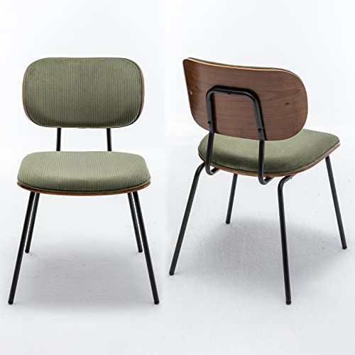 Mid Century Modern Dining Chairs Set of 2, Upholstered Fabric Walnut Curved Back Contemporary Kitchen Dining Accent Chair, Minimalist Vintage Style(Green)