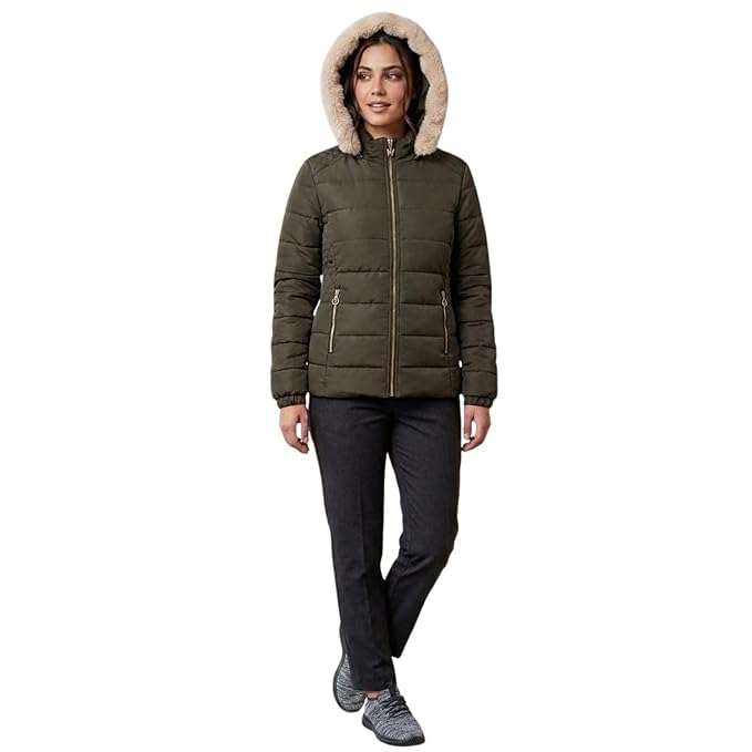 fedappario Women’s Winter Hooded Puffer Jacket with Fur Hood | Quilted Full Sleeve Zip-Up Warm Casual Jacket | Olive Green Stylish Winter Wear for Women-picture-27