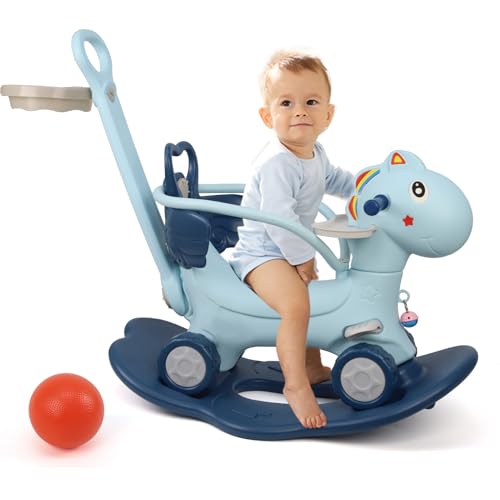 Image of Ancaixin 4 in 1 Rocking Horse Ages 1-3, Baby Rocking Toy Birthday Gift for Toddlers 1-3 Years Old, Balance Bike Ride On Toys with Push Handle, Backrest and Balance Board for Baby Girl and Boy, Blue