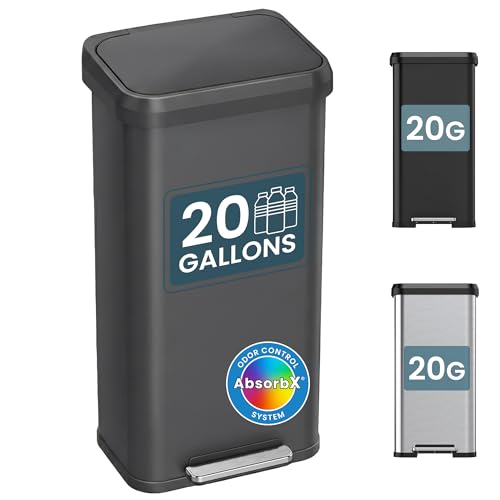 Image of iTouchless SoftStep 20 Gallon / 75 Liter Extra-Large Outdoor & Indoor Recycling Bin, Matte Gray Stainless Steel, Heavy-Duty Step Trash Can with Odor Filter, Dent-Proof Lid for Garage, Patio, Workshop