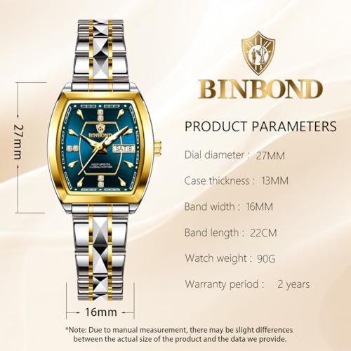 Image of BINBOND Square Watches for Women Analog Quartz Day Date Ladies Wrist Watch Diamond Stylish Stainless Steel Dress Womens Watch Elegant Luminous Waterproof