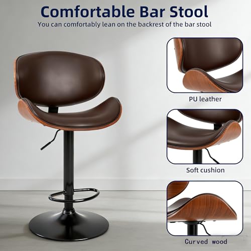 Image of HealSmart Swivel Bar Stools Set of 2, PU Leather, Adjustable Height Bentwood BarStools with Ergonomic Back and Footrest, Ideal for Bar Stools for Bar Counter, Home Kitchen, Dining Room, Brown
