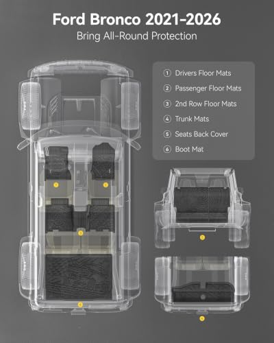 Image of 3W Floor Mats with Metal Pedal for 2021-2025 2026 Ford Bronco 4-Door | Full Protection include underfloor storage mat,All Weather TPE Custom Fit Bronco Floor Liners (Not Fit Sport & Vinyl Floor)
