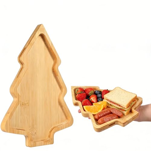 VOSCHOIX Christmas Tree Wood Serving Platters, Wooden Xmas Cutting Board Fruit Tray Holiday Cheese Board Xmas Tree Sushi Serving Tray Dessert Candy Dish