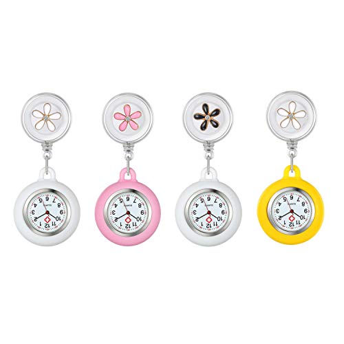 Lancardo ナースウォッチ 看護師用 懐中時計 ポケットウォッチ クリップ式 男女兼用 数字 見やすい レディース 花びら飾り かわいい 3色選択 プレゼント 誕生日 伸び縮み可能 (4セット)