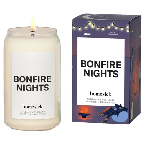 Homesick Bonfire Nights Scented Candle – 13 oz Soy Wax Candle with Organic Cotton Wick, 60–80 Hour Burn, Smoked Embers Vanilla Cedarwood Scent, Reusable Glass, Wedding & Engagement Gifts for Couples