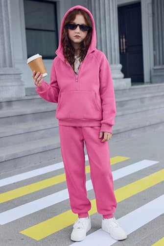 Image of Arshiner Girls 2 Piece Outfits Sweatsuit Half Zip Sweatshirt and Sweatpants | Fall Winter, Drop Shoulder Long Sleeve, Thumbhole Hoodies, with Sweatpant, Jogger Set, Sweat Set, Tracksuits with Pockets