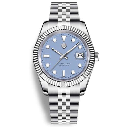 RollsTimi Automatic Men's Watch, NH35A Movement, 40mm Stainless Steel Case Waterproof Wrist Watch for Men Luminous Hands & Day Display, Stylish for Business, Casual & Sports (RT-7930 Light Purple A)