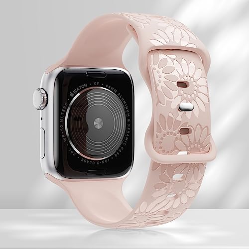Image of Sunflower Engraved Band Compatible with Apple Watch Bands 38mm 40mm 41mm 42mm 44mm 45mm 49mm Women, Designer Soft Glossy Floral Silicone Strap for iWatch Series Ultra 11 10 9 8 7 6 SE 5 4 3 2 1