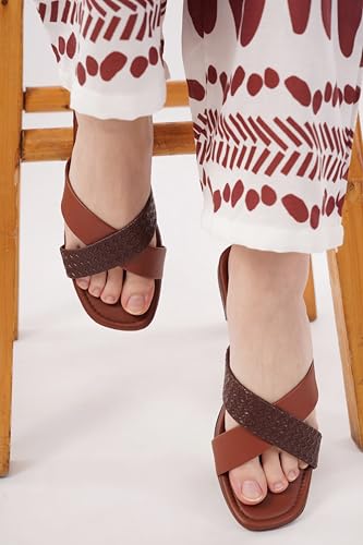 Image of Women's Cross Strap Textured Flat Sandals - Stylish and Comfortable Slip-On Flats