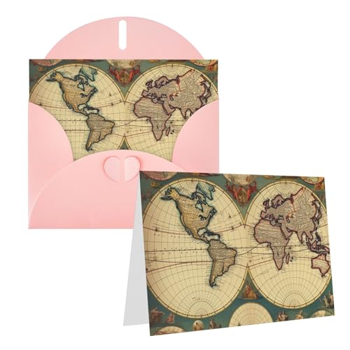 GDSHJKLW 世界地図 レトロ ブランク グリーティングカード 封筒付き 4インチ x 6インチ サンキューカード ノートカード あらゆる機会カード ピンク クリスマス ホリデー 誕生日 卒業 記念日