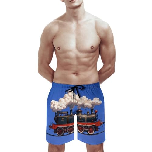 Mens Shorts Steam Train Clouds Men Swim Trunks Quick-Dry Beach Shorts with Drawstring Pocket Bathing Suit S White3