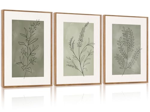 CHDITB Botanical Sage Leaf Framed Canvas Wall Art Set Of 3, Minimalist Wall Decor, Boho Nature Floral Greenery Wall Painting, Neutral Botanical Plant Art Prints For Dining Room Bedroom Decor 12”X16”