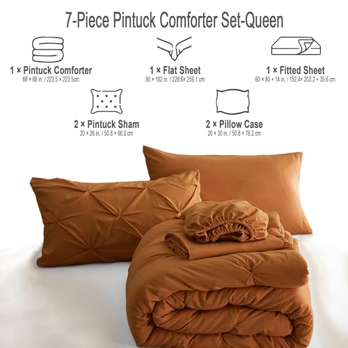Ubauba 7pc Burnt Orange Queen Comforter Set, Rust 7 Piece Pintuck Bed in a Bag with Sheets, All Season Pinched Pleat Bedding Comforters & Sets,(Rustic, Queen Size)
